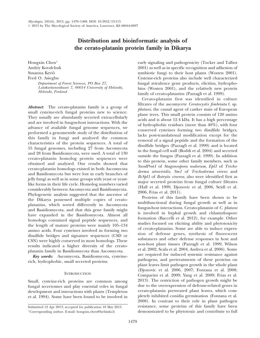 PDF) Distribution and Bioinformatic analysis of cerato-platanin protein family in Dikarya pic