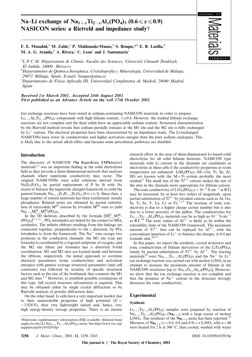 Pdf Na Li Exchange Of Na1 Xti2 Xalx Po4 3 0 6 X 0 9 Nasicon Series A Rietveld And Impedance Study