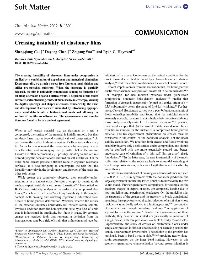 (PDF) Creasing instability of elastomer films COMMUNICATION