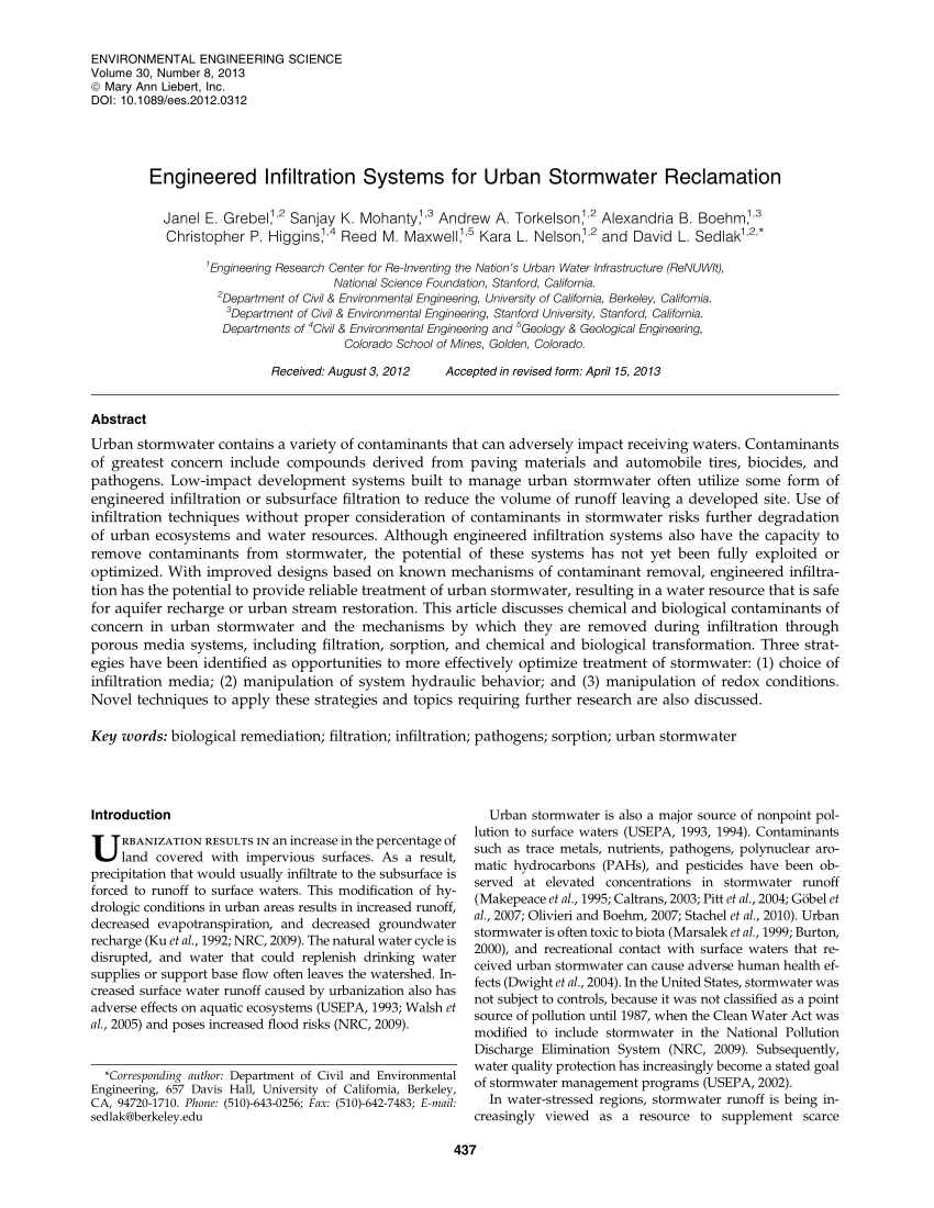 Pdf Engineered Infiltration Systems For Urban Stormwater Reclamation