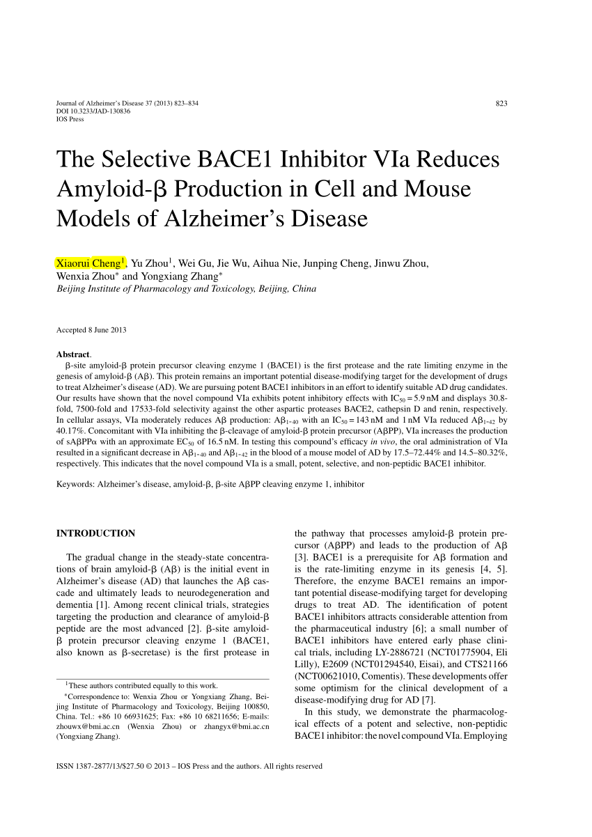 kontroversiel til stede Tillid PDF) The Selective BACE1 Inhibitor VIa Reduces Amyloid-beta Production in  Cell and Mouse Models of Alzheimer's Disease