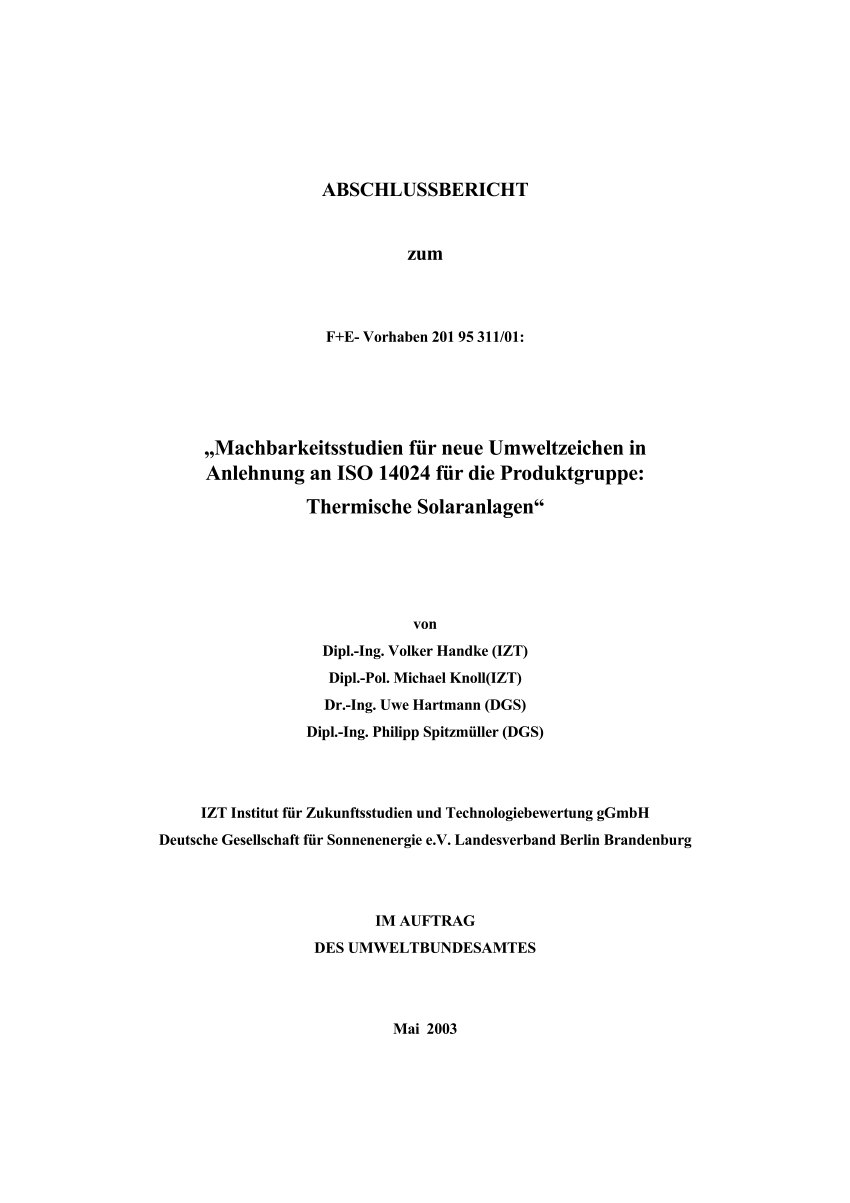 Pdf Machbarkeitsstudien Fur Neue Umweltzeichen In Anlehnung An Iso Fur Die Produktgruppe Thermische Solaranlagen