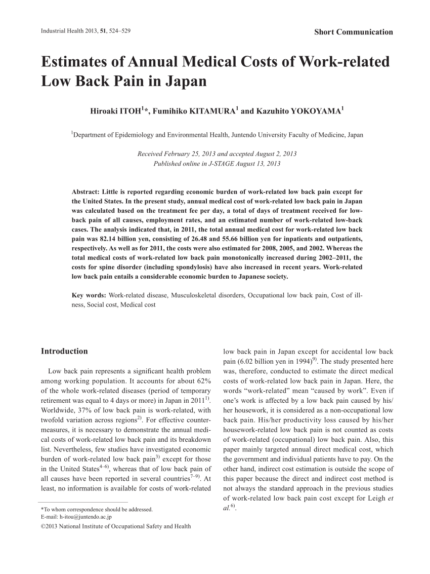 PDF) Estimates of Annual Medical Costs of Work-related Low Back Pain in  Japan