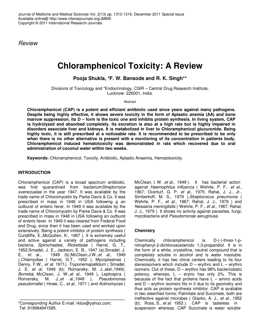 Pdf Chloramphenicol Toxicity A Review