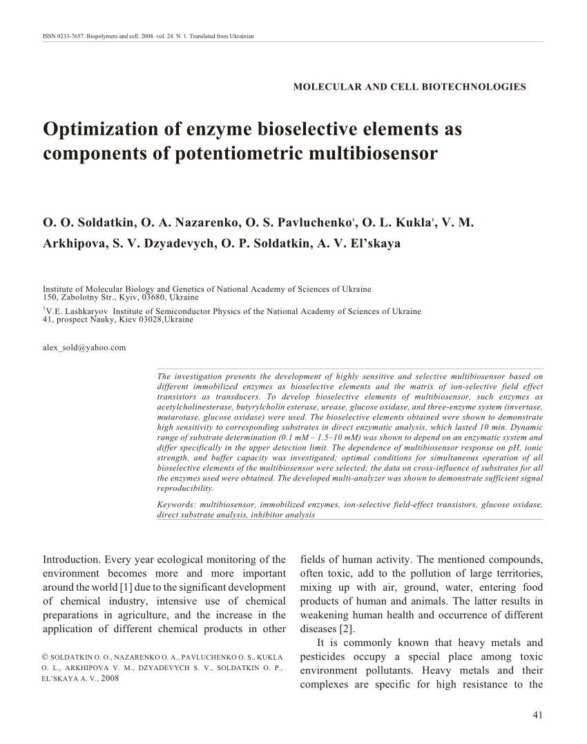 Pdf Optimization Of Enzyme Bioselective Elements As Components Of Potentiometric Multibiosensor