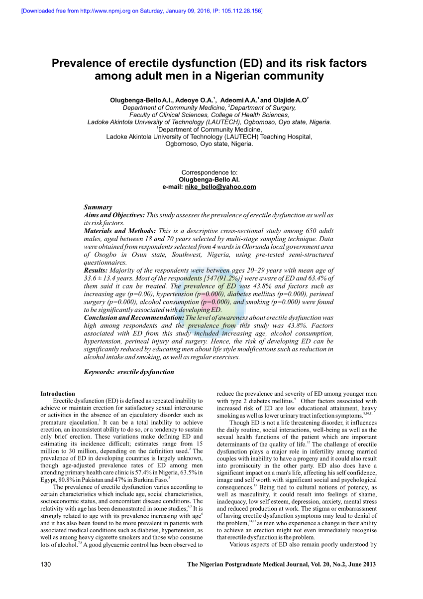 PDF Prevalence of erectile dysfunction ED and its risk factors