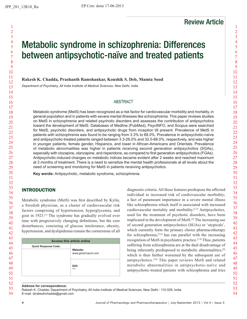Pdf Metabolic Syndrome In Schizophrenia Differences Between Antipsychotic Naïve And Treated