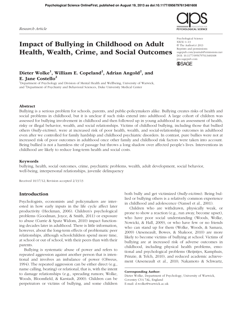 Impact of bullying in childhood on adult health, wealth, crime and