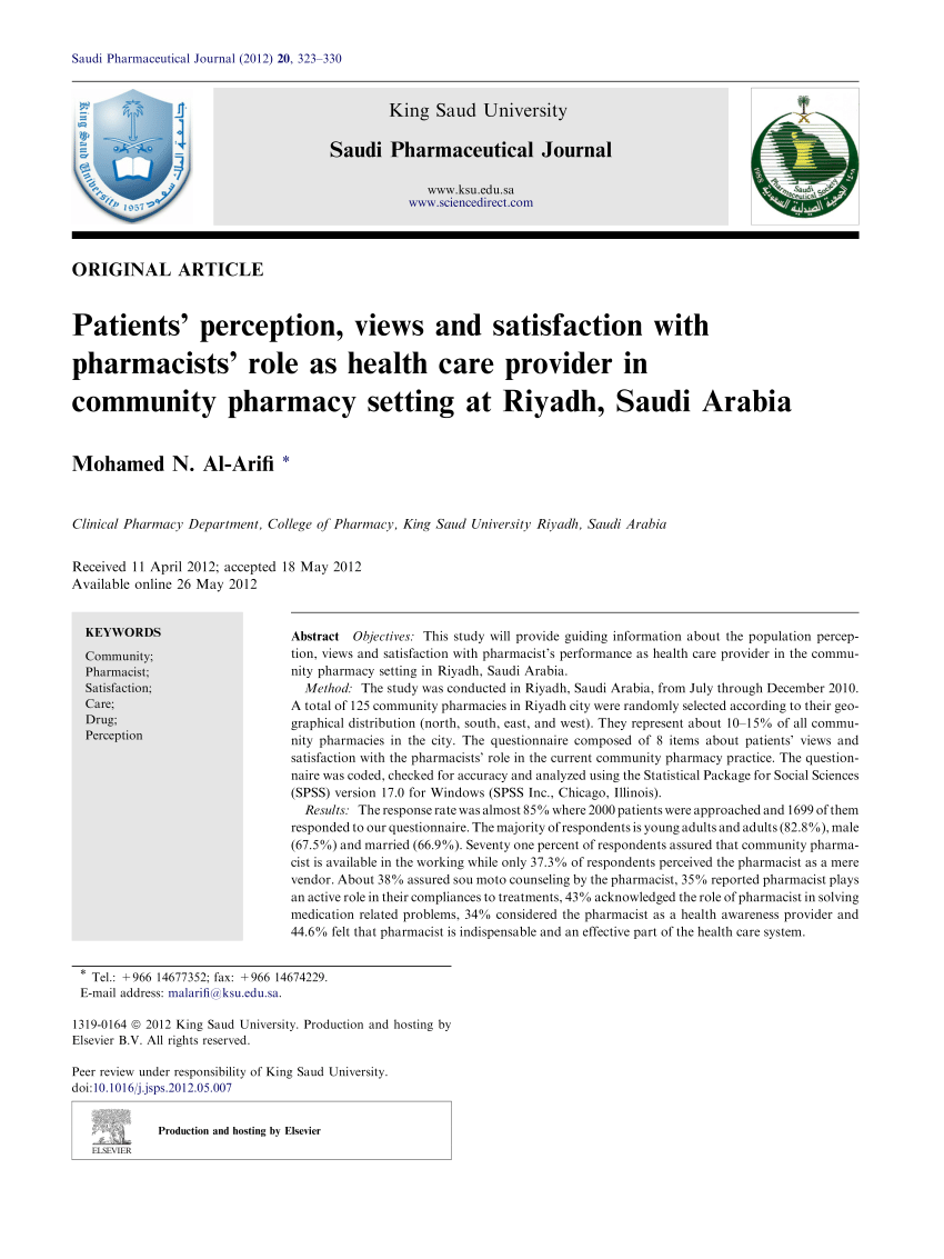 Pdf Patients Perception Views And Satisfaction With Pharmacists Role As Health Care Provider In Community Pharmacy Setting At Riyadh Saudi Arabia