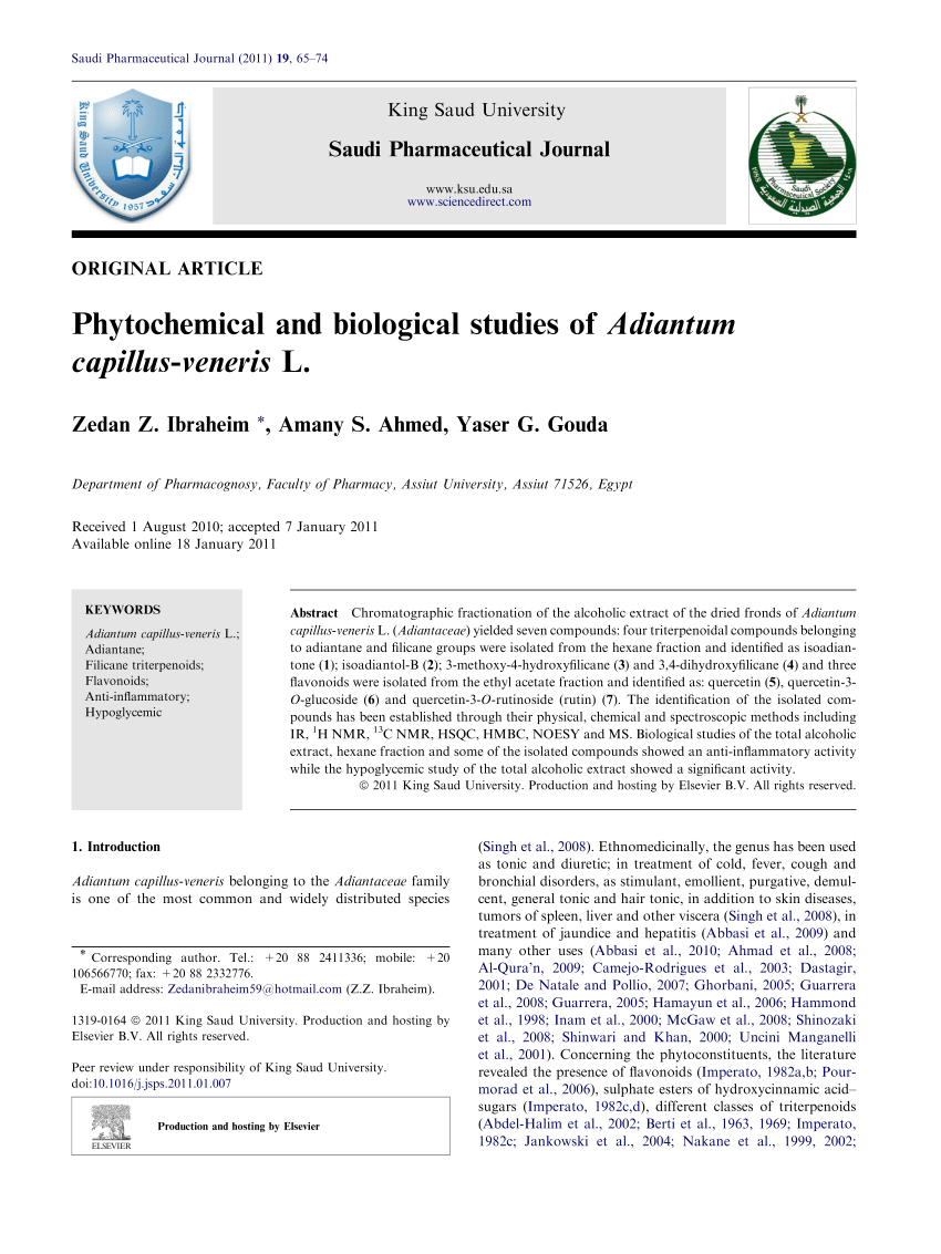 Pdf Phytochemical And Biological Studies Of Adiantum Capillus Veneris L