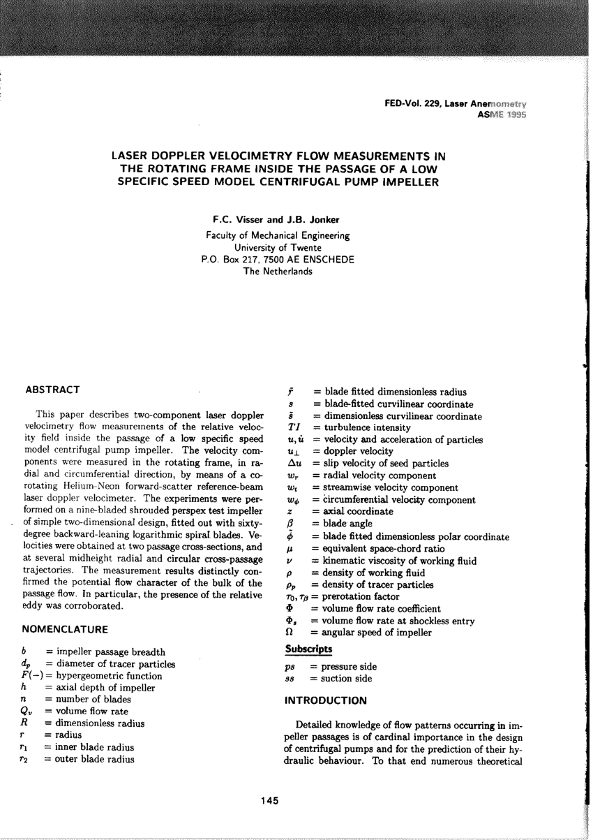 Pdf Laser Doppler Velocimetry Flow Measurements In The Rotating Frame Inside A Low Specific Speed Model Centrifugal Pump Impeller