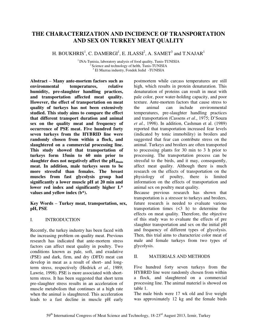 PDF) THE CHARACTERIZATION AND INCIDENCE OF TRANSPORTATION AND SEX ON TURKEY  MEAT QUALITY