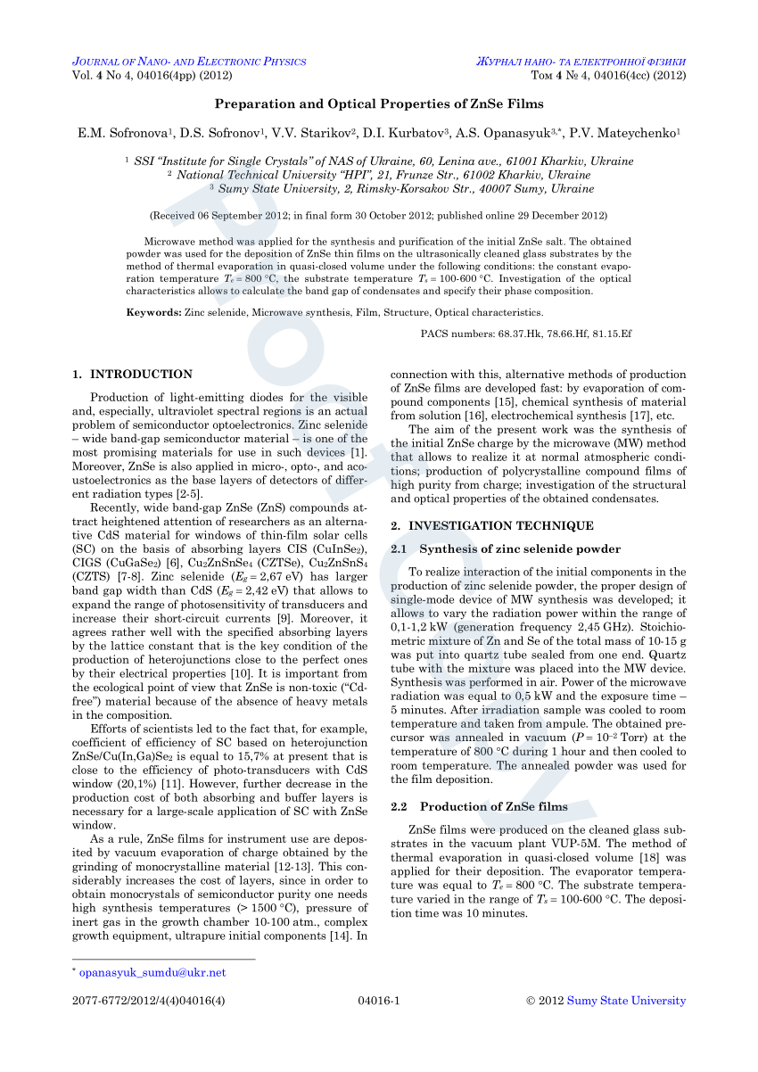 Pdf Preparation And Optical Properties Of Znse Films