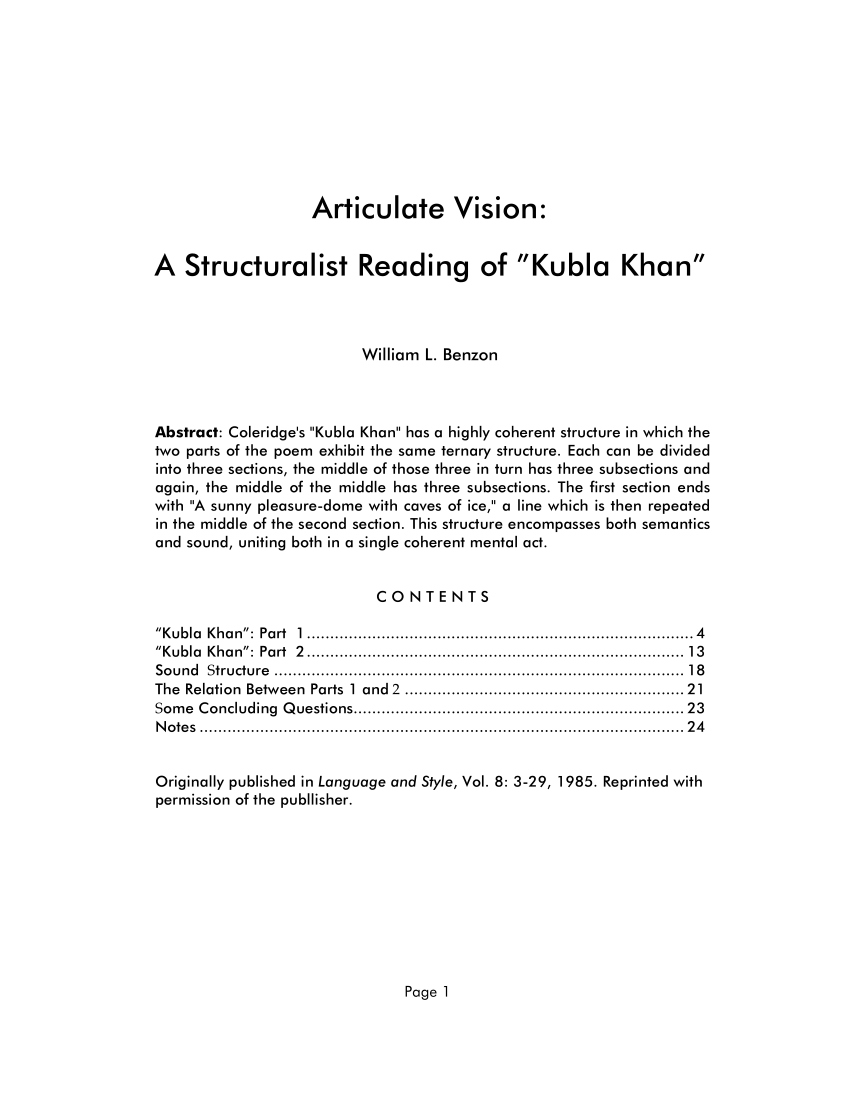 PDF) Vision: A Structuralist Reading of "Kubla