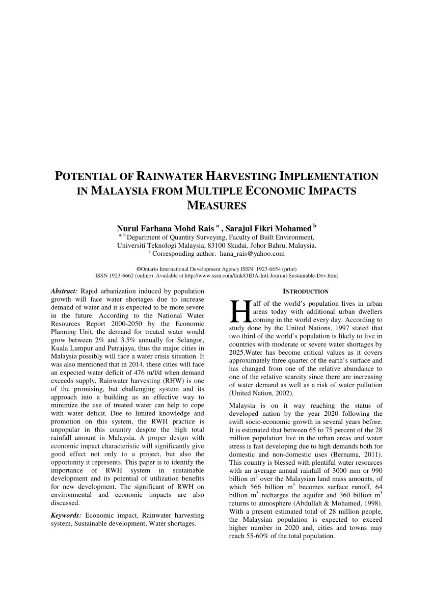 Pdf Potential Of Rainwater Harvesting Implementation In Malaysia From Multiple Economic Impacts Measures