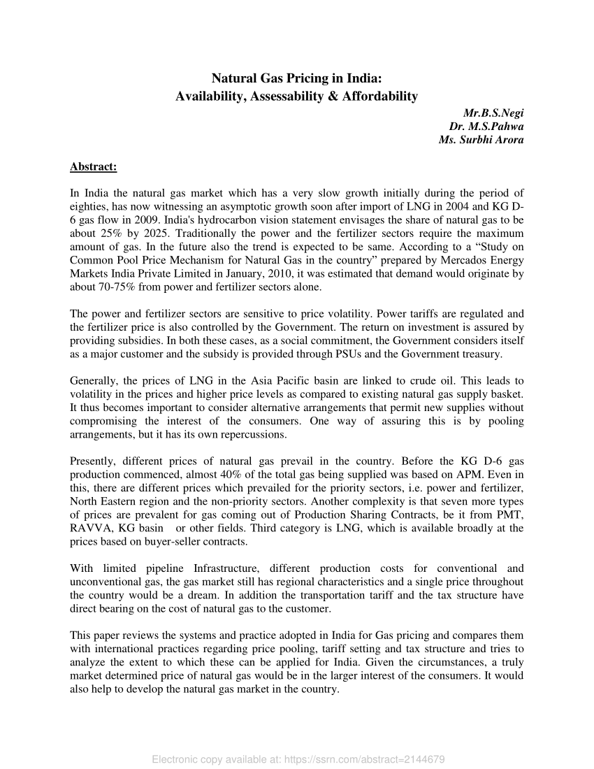 PDF Natural Gas Pricing in India Availability Assessability