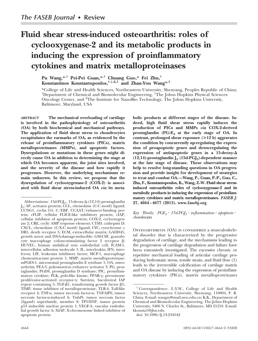 Pdf Fluid Shear Stress Induced Osteoarthritis Roles Of Cyclooxygenase 2 And Its Metabolic Products In Inducing The Expression Of Proinflammatory Cytokines And Matrix Metalloproteinases