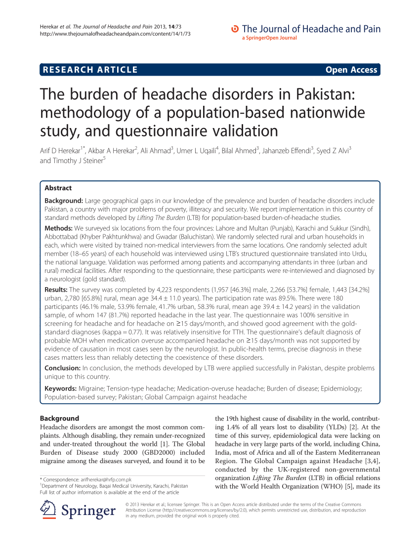 Pdf The Burden Of Headache Disorders In Pakistan Methodology Of