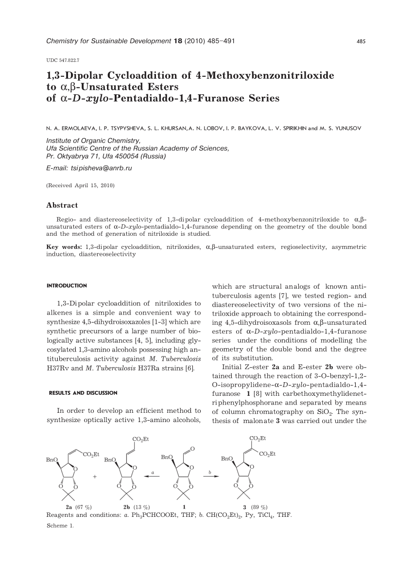 Pdf 1 3 Dipolar Cycloaddition Of 4 Methoxybenzonitriloxide To A B Unsaturated Esters Of A D Xylo Pentadialdo 1 4 Furanose Series