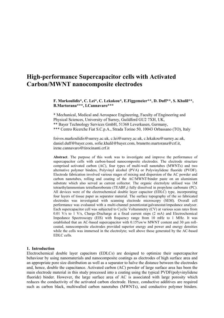 Pdf High Performance Supercapacitor Cells With Activated Carbon Mwnt Nanocomposite Electrodes