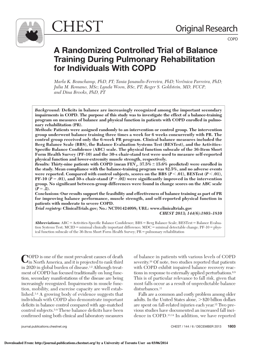 Pdf A Randomized Controlled Trial Of Balance Training During Pulmonary Rehabilitation For Individuals With Copd
