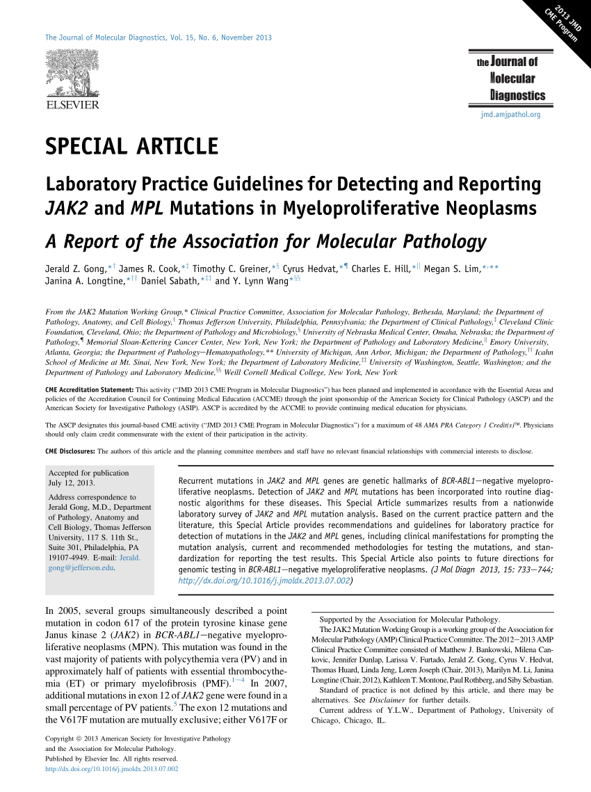 Pdf Laboratory Practice Guidelines For Detecting And Reporting Jak2 And Mpl Mutations In Myeloproliferative Neoplasms