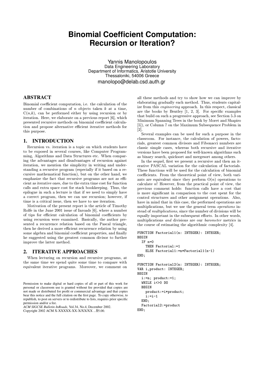 Pdf Binomial Coefficient Computation Recursion Or Iteration