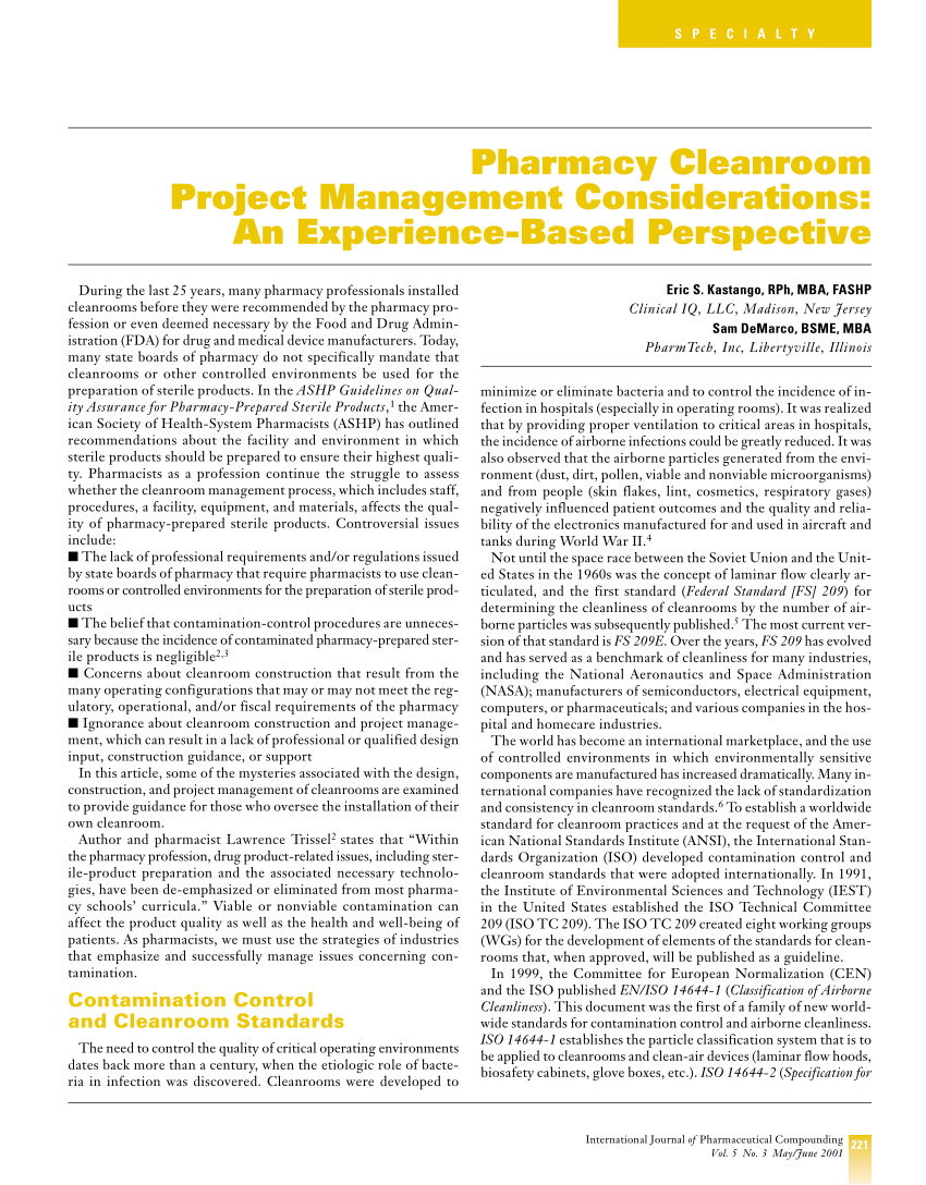 Pdf Pharmacy Cleanroom Project Management Considerations