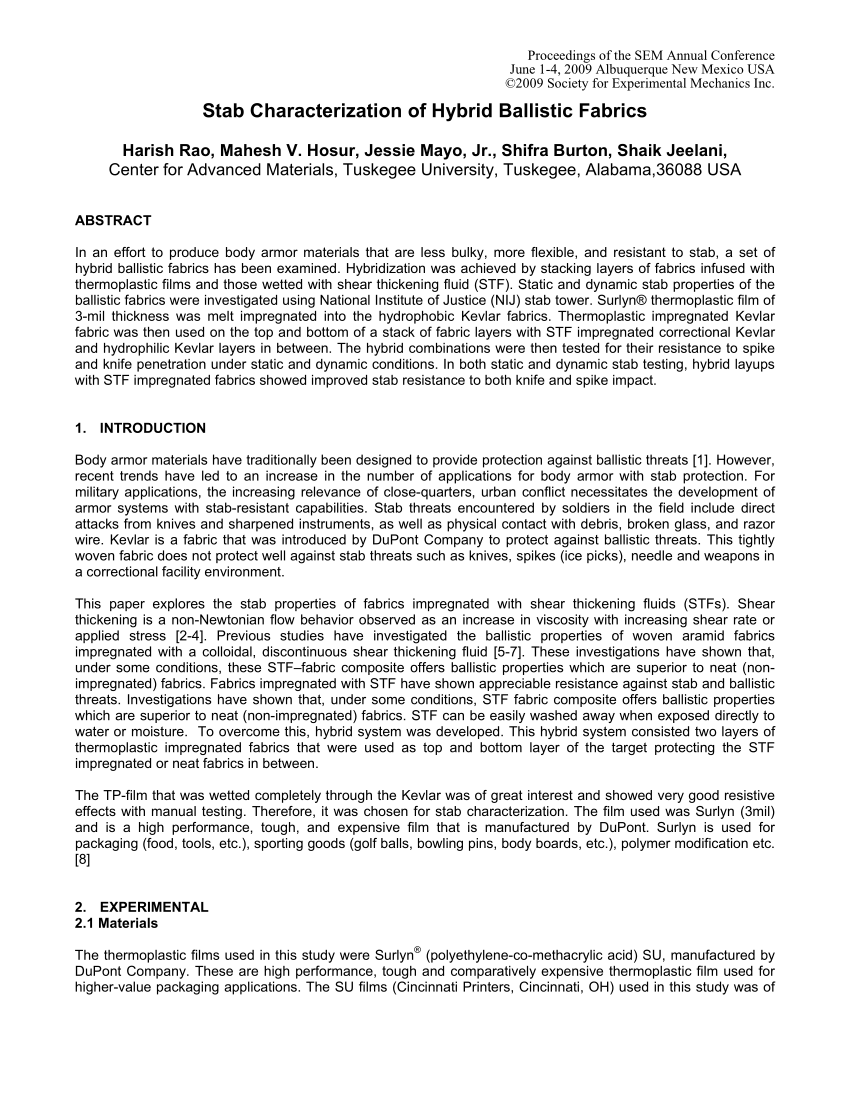 PDF) Stab Characterization of Hybrid Ballistic Fabrics