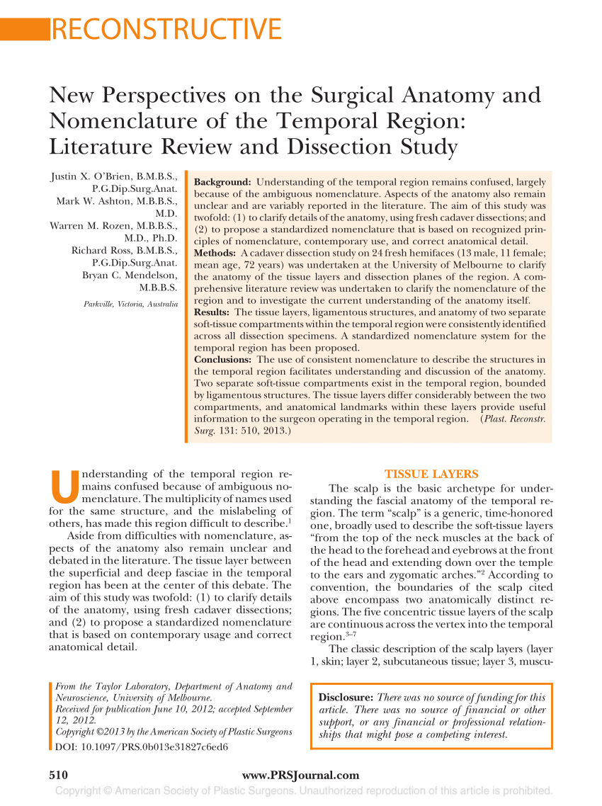 Pdf New Perspectives On The Surgical Anatomy And Nomenclature Of The Temporal Region Literature Review And Dissection Study
