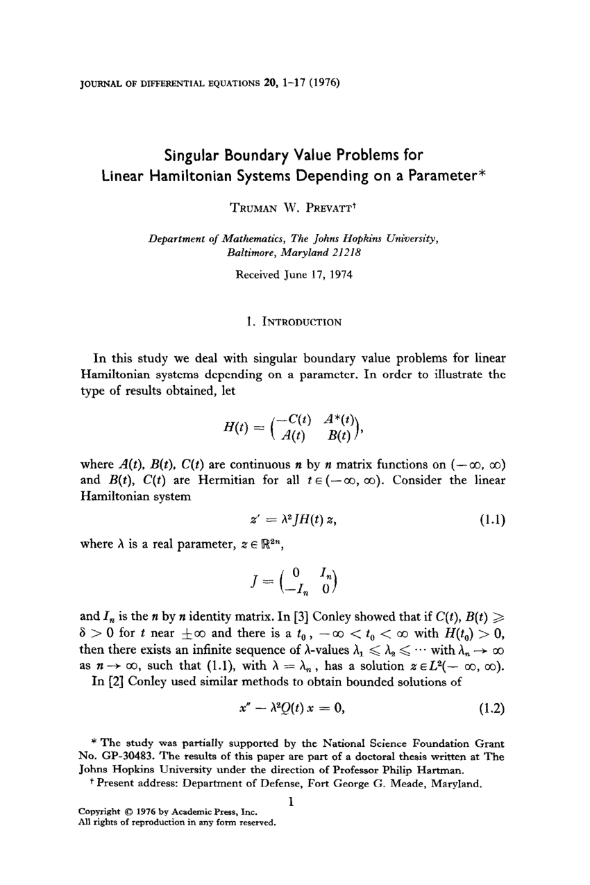 Pdf Singular Boundary Value Problems For Linear Hamiltonian Systems Depending On A Parameter