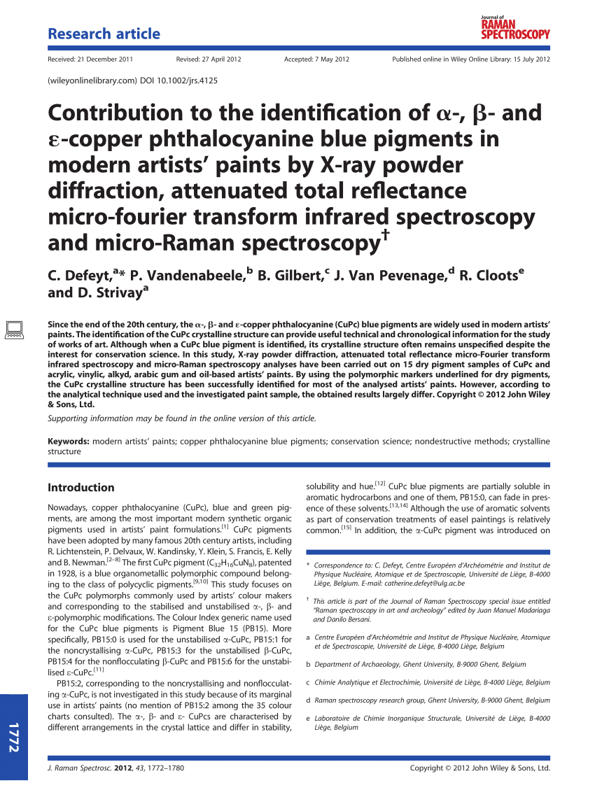 Pdf Contribution To The Identification Of A B And M Copper Phthalocyanine Blue Pigments In Modern Artists Paints By X Ray Powder Diffraction Attenuated Total Reflectance Micro Fourier Transform Infrared Spectroscopy And Micro Raman Spectroscopy