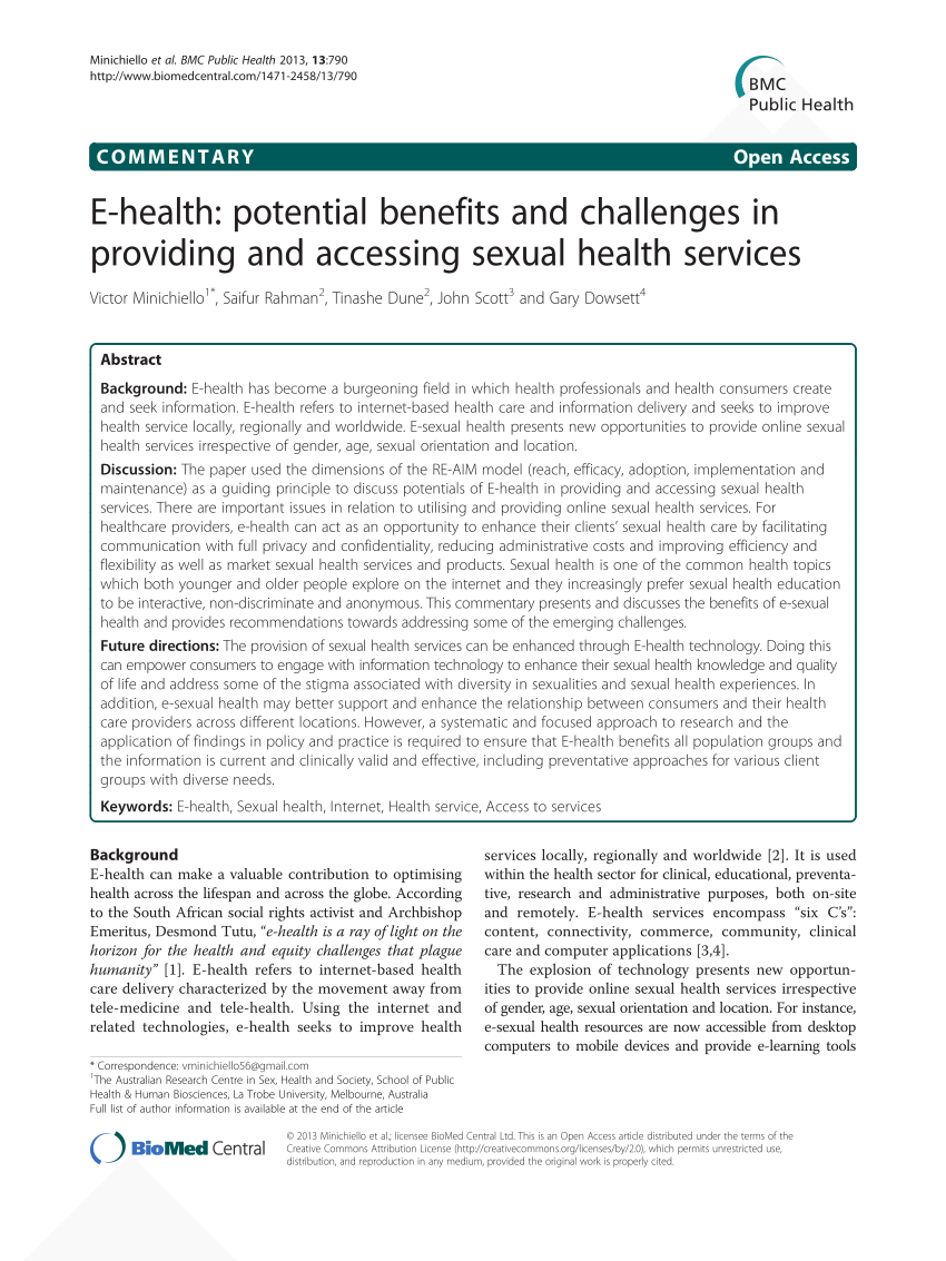 Pdf E Health Potential Benefits And Challenges In Providing And Accessing Sexual Health Services