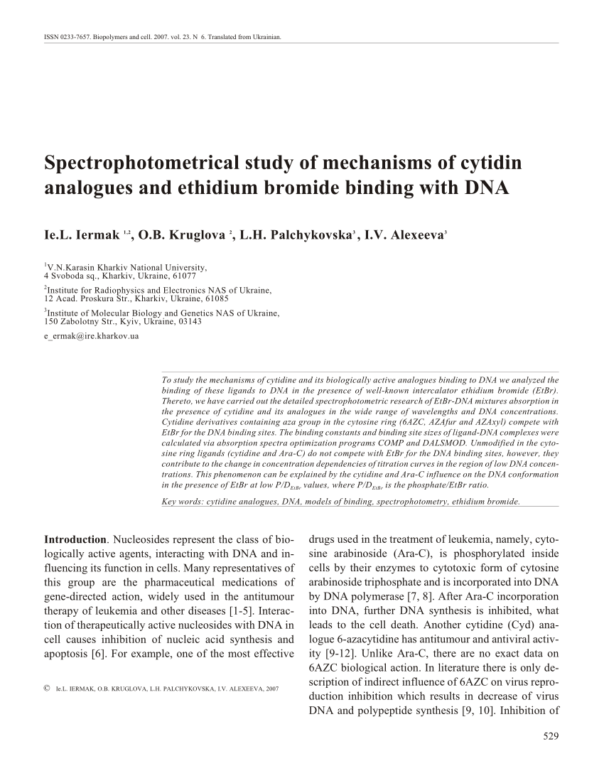 Pdf Spectrophotometrical Study Of Mechanisms Of Cytidine Analogues And Ethidium Bromide Binding With Dna