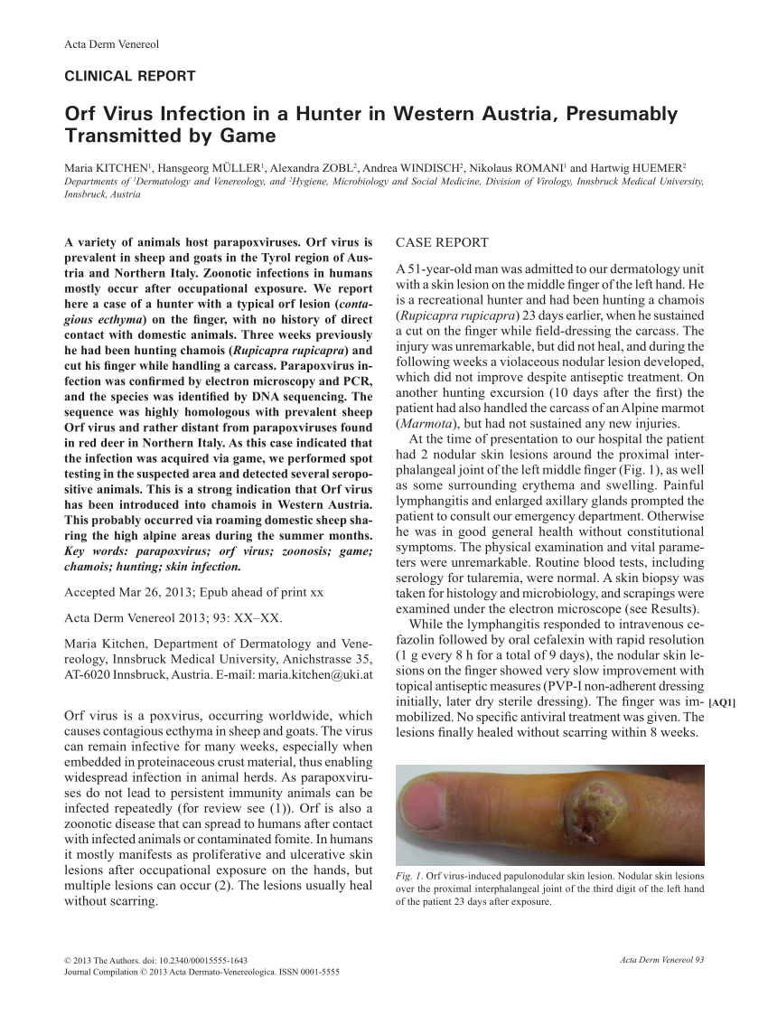 PDF) Orf Virus Infection in a Hunter in Western Austria, Presumably  Transmitted by Game