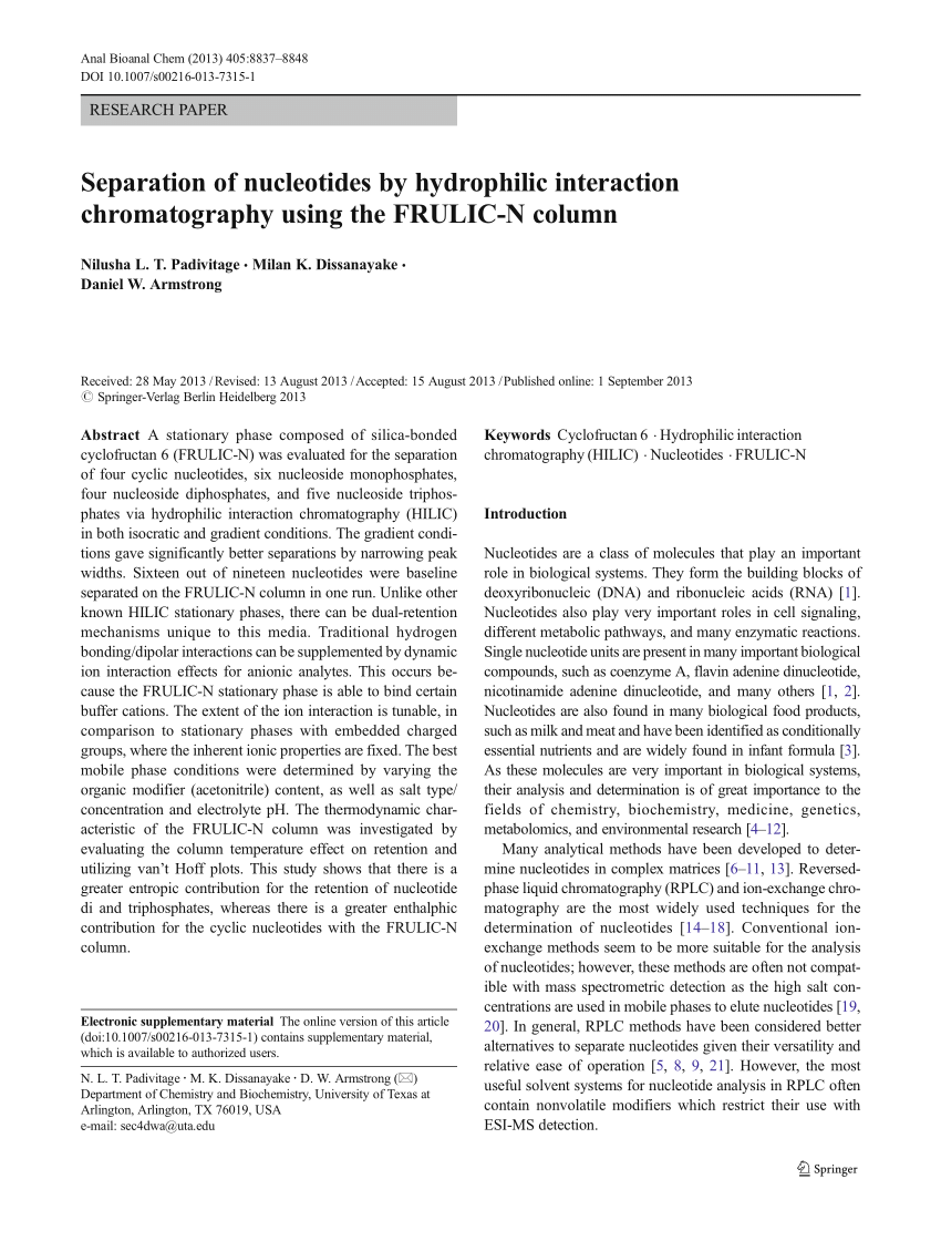Pdf Separation Of Nucleotides By Hydrophilic Interaction Chromatography Using The Frulic N Column