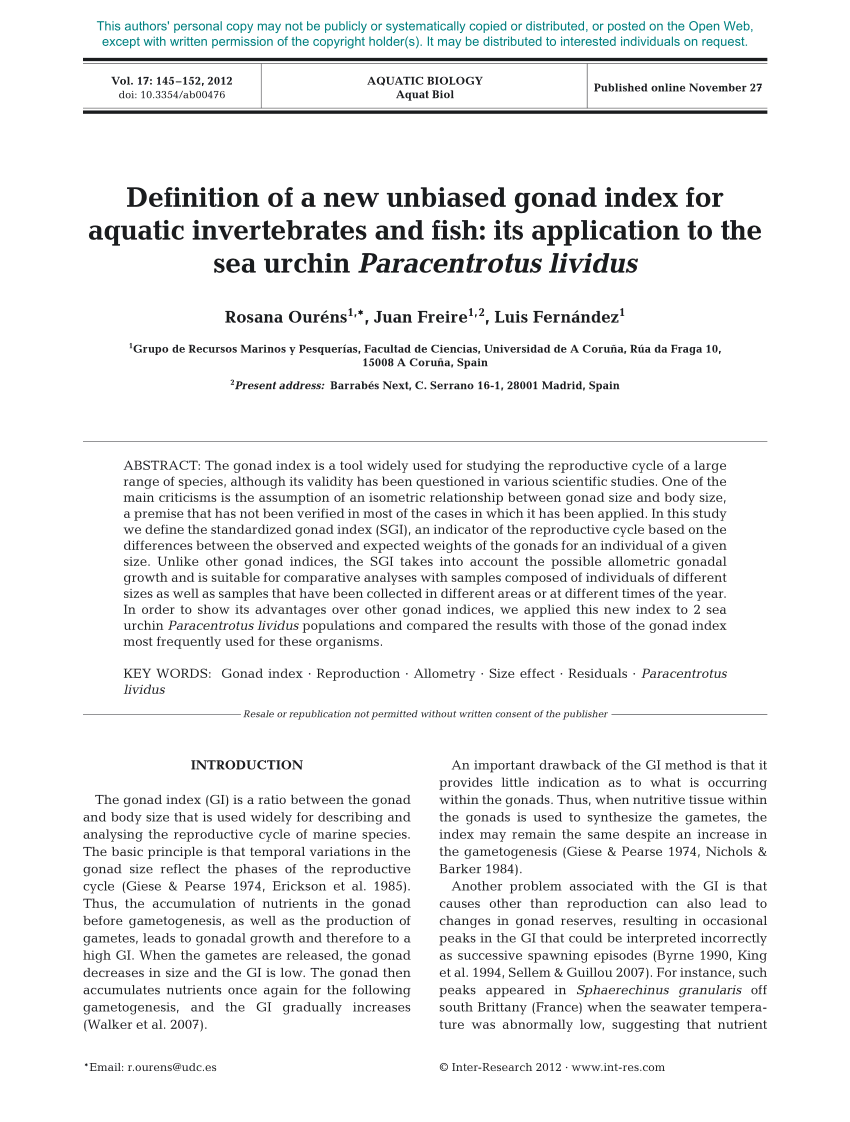 (PDF) Definition of a new unbiased gonad index for aquatic