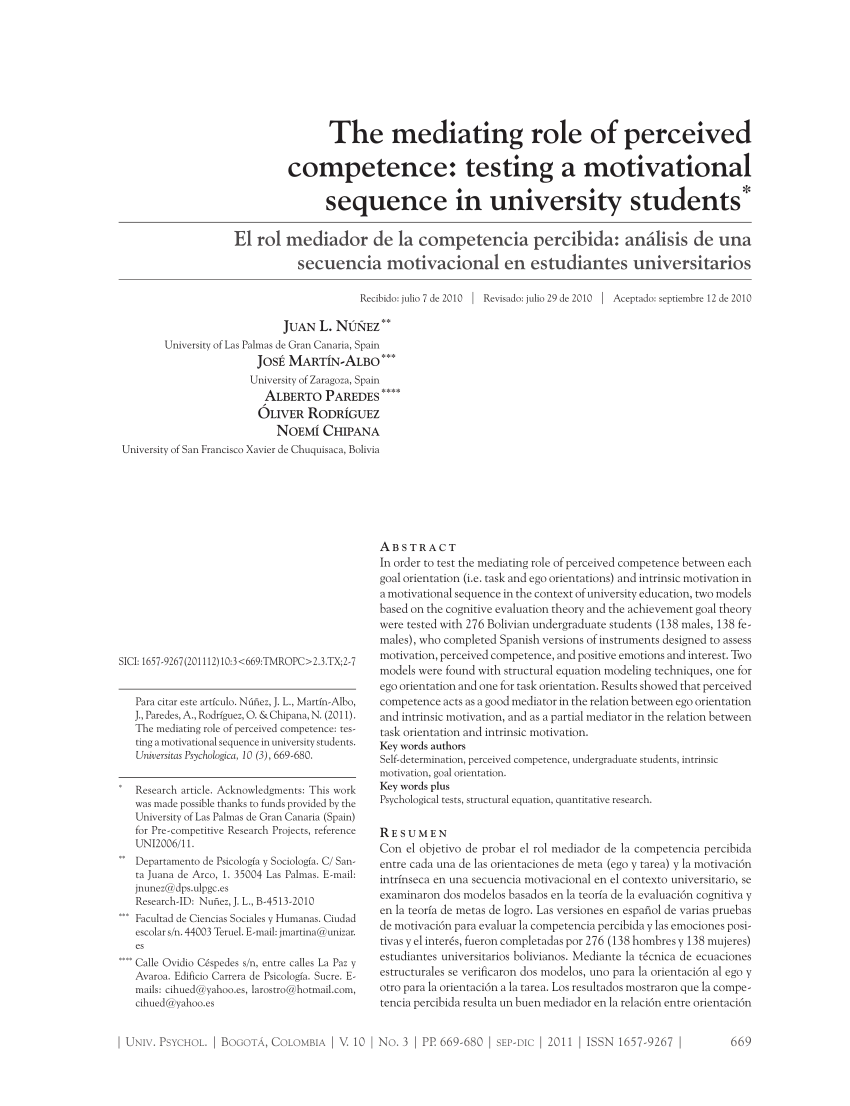 Pdf The Mediating Role Of Perceived Competence Testing A Motivational Sequence In University Students
