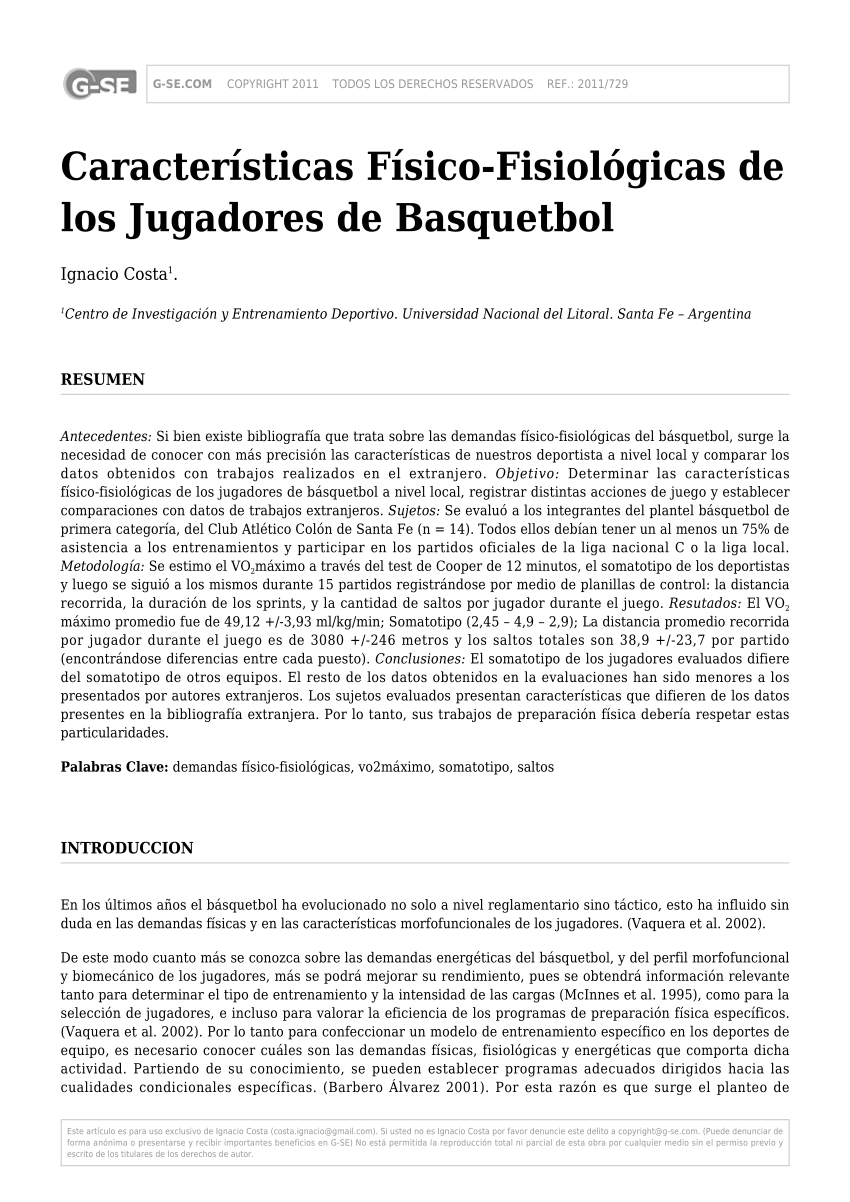 PDF) Características físico-fisiológicas de los jugadores de basquetbol