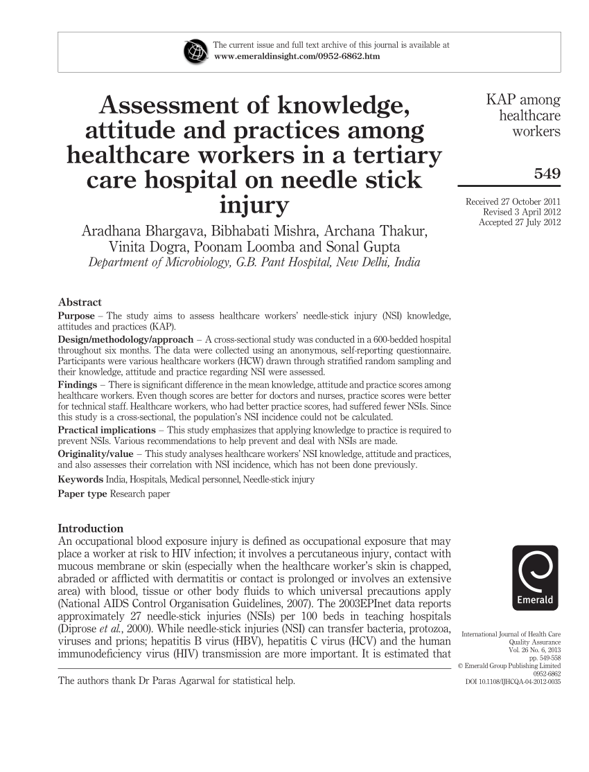 Pdf Assessment Of Knowledge Attitude And Practices Among Healthcare Workers In A Tertiary Care Hospital On Needle Stick Injury