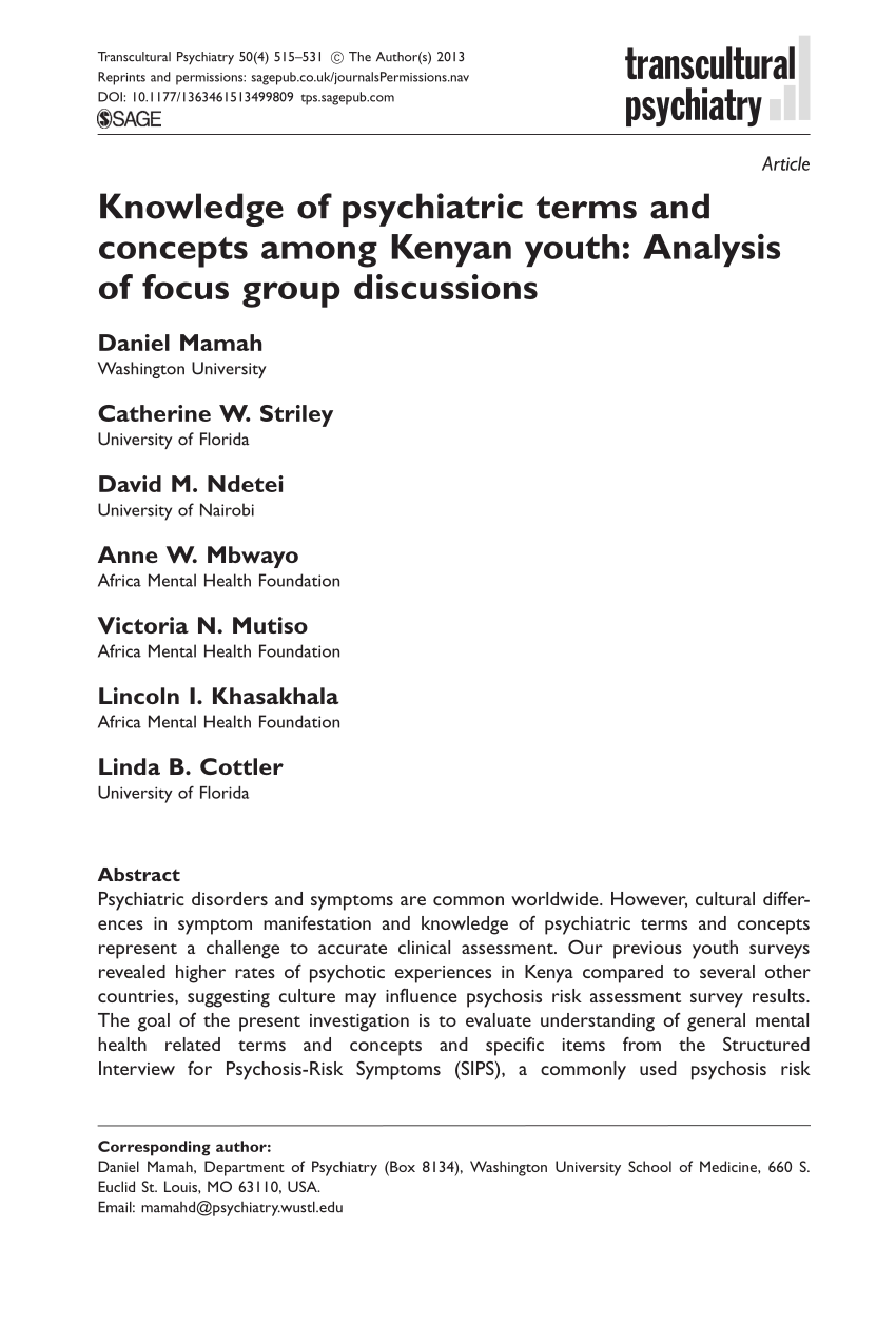 PDF) Knowledge of psychiatric terms and concepts among Kenyan youth Analysis of focus group discussions