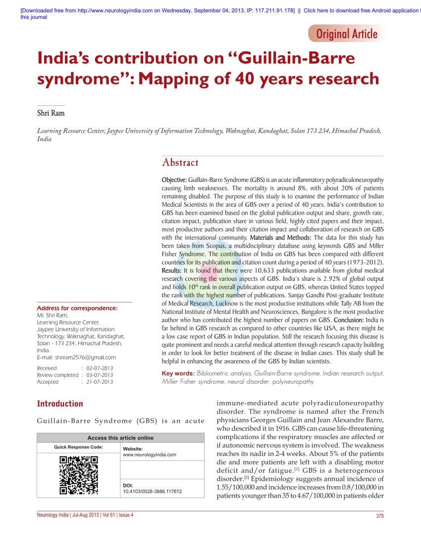 Pdf India S Contribution On Guillain Barre Syndrome Mapping Of 40 Years Research