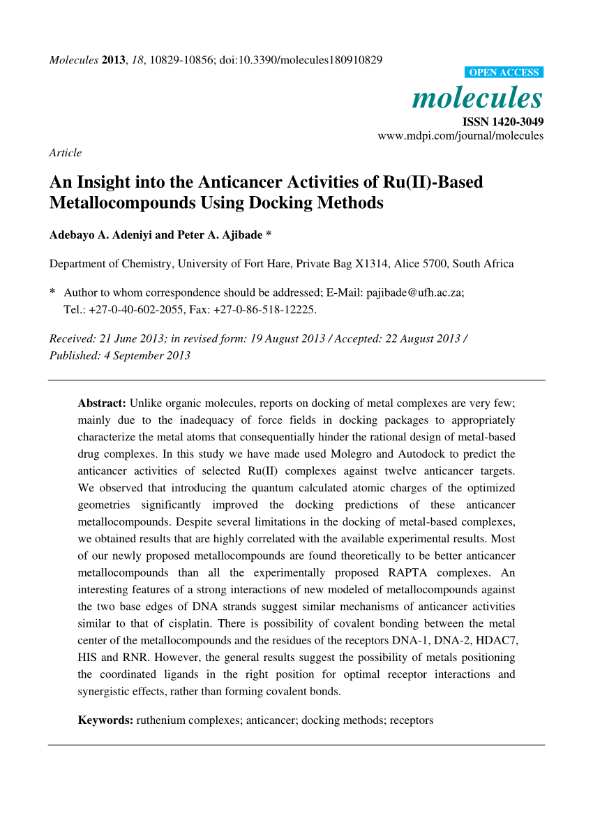 Pdf An Insight Into The Anticancer Activities Of Ru Ii Based Metallocompounds Using Docking Methods