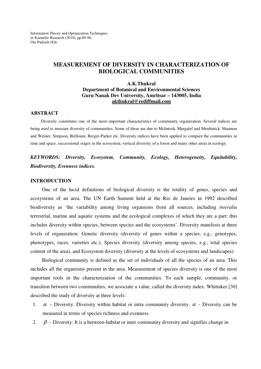 Pdf Measurement Of Diversity In Characterization Of Biological Communities