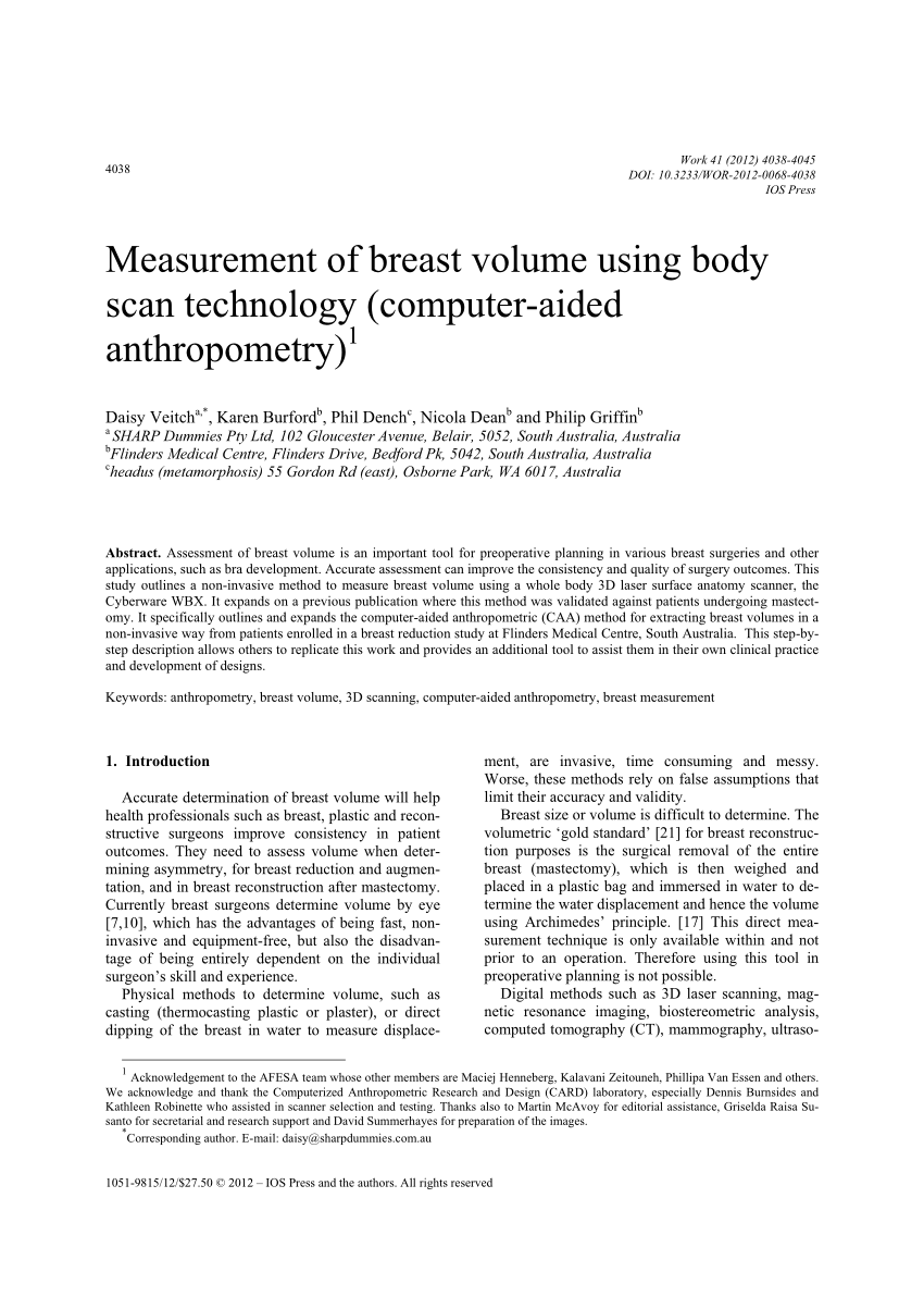 PDF) Measurement of breast volume using body scan technology  (computer-aided anthropometry)