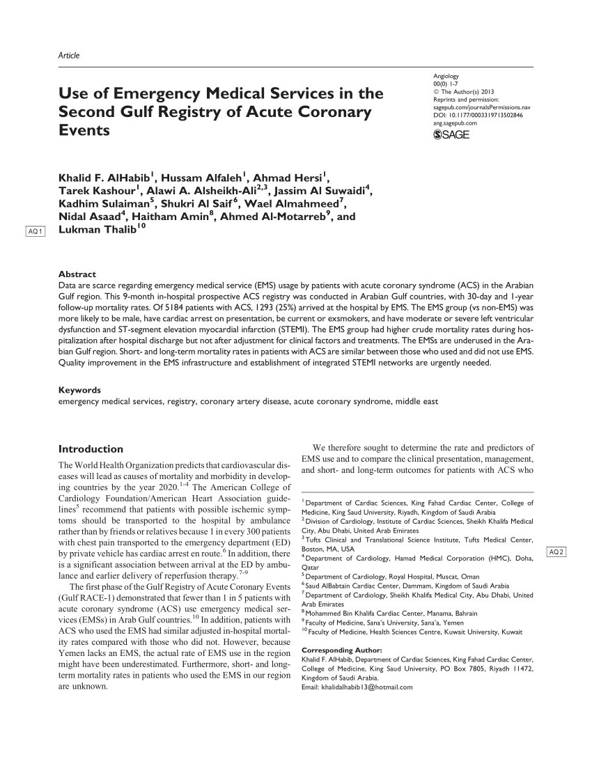 Pdf Use Of Emergency Medical Services In The Second Gulf Registry Of Acute Coronary Events