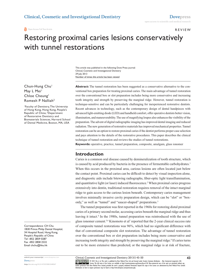 Pdf Restoring Proximal Caries Lesions Conservatively With Tunnel Restorations