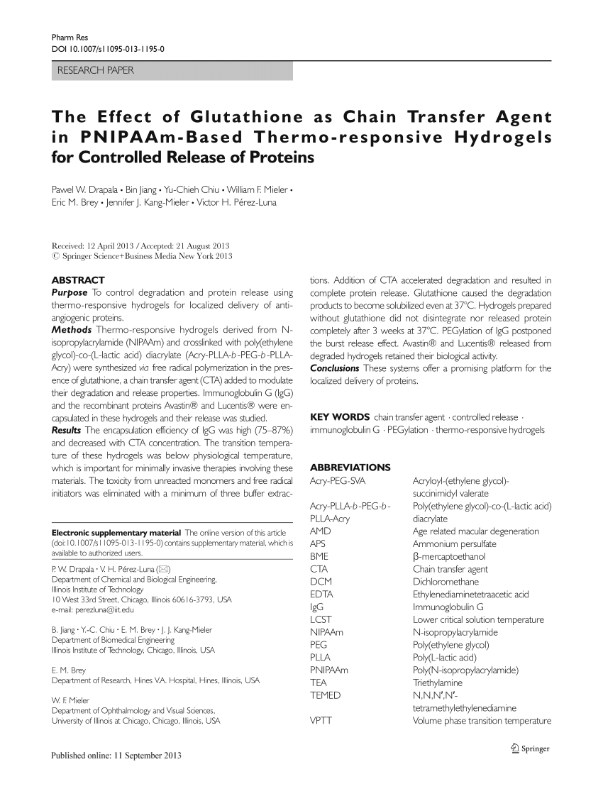 Pdf The Effect Of Glutathione As Chain Transfer Agent In Pnipaam Based Thermo Responsive Hydrogels For Controlled Release Of Proteins