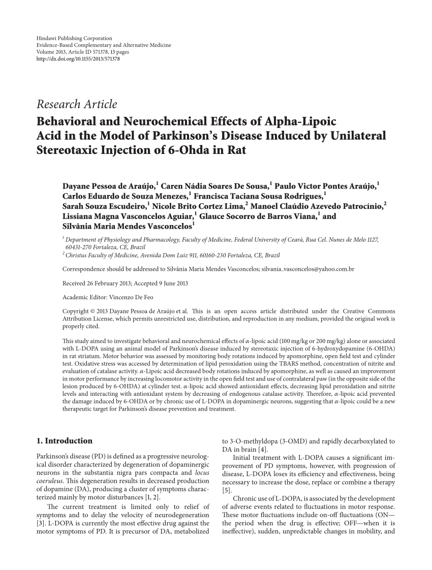 Pdf Behavioral And Neurochemical Effects Of Alpha Lipoic Acid In The Model Of Parkinson S Disease Induced By Unilateral Stereotaxic Injection Of 6 Ohda In Rat