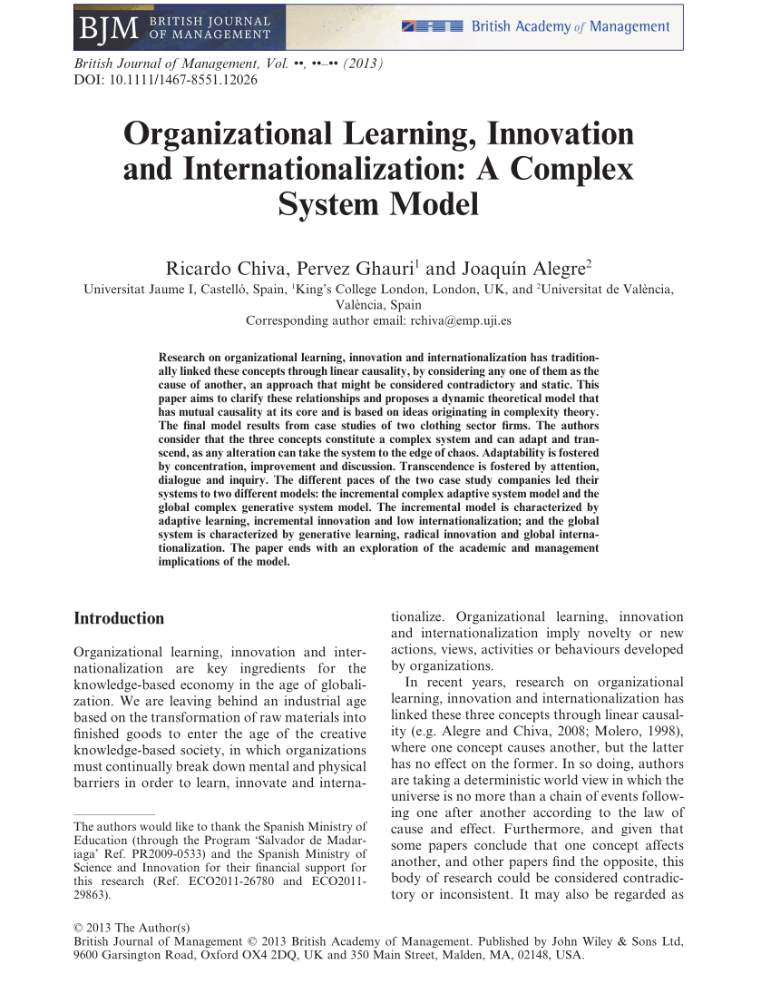 PDF) Organizational Learning, Innovation and Internationalization ...